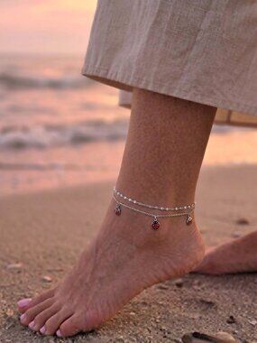 Dainty Ladybug Double Chain Anklet Silver Tone Minimalist Summer Jewelry
